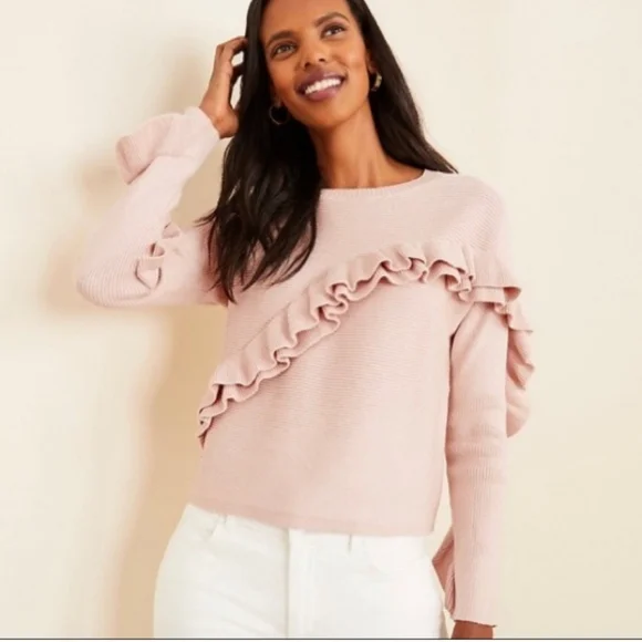 Ann Taylor Pointelle Pink Ruffle Sweater - Picture 3 of 8